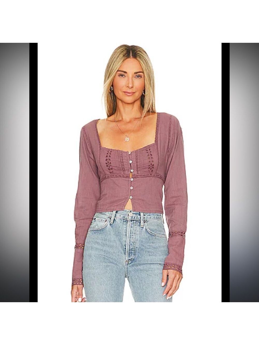 Free People Dusty Mauve Cottagecore Pintuck Eyelet Blouse – Size Medium